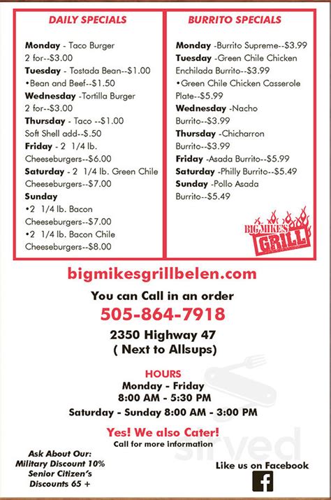 Service Options Big Mike's Burgers offers convenient service options including curbside pickup, delivery, and takeout. . Big mikes burgers and more belen menu